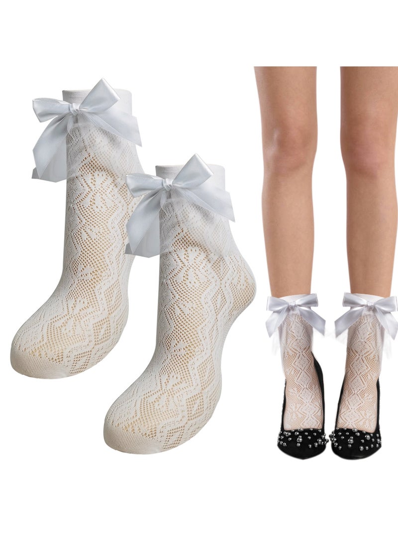 2PCS Women's Lace Socks Ankle Socks Bow Short Socks High Elastane Knee High Stockings for Women Girls - Image 1